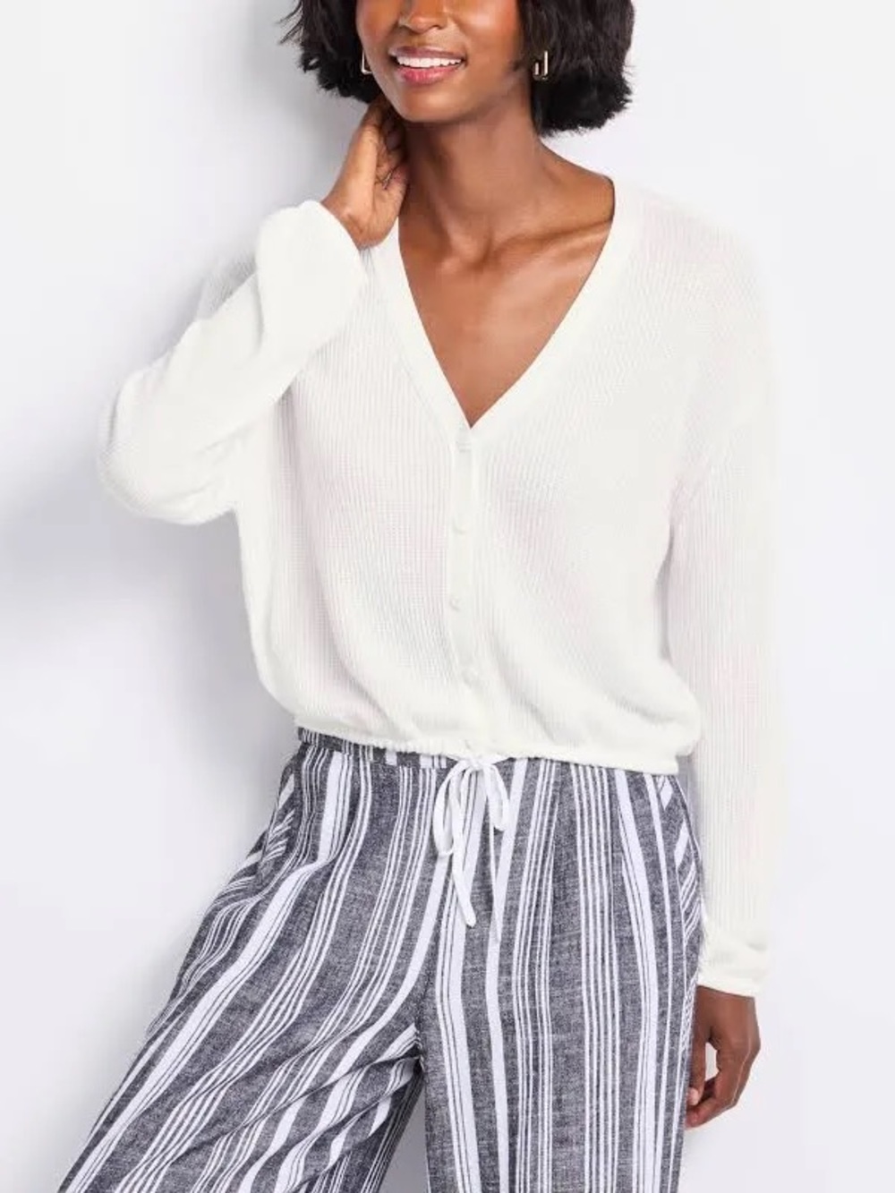 Splendid White Ribbed V-Neck Button Front Cardigan